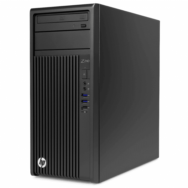 جهاز كمبيوتر مكتبي HP Z240 استيراد – تصميم تاور متوسط الحجم بلون أسود، مناسب للأعمال الهندسية والجرافيك، مزود بمداخل USB ومنافذ تهوية أمامية.